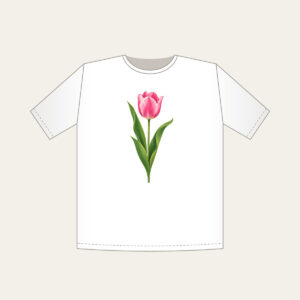 Single Pink Tulip with Long Leaves T-Shirt in white: A single tall tulip with long leaves in pink and green.
