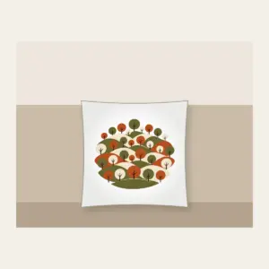 Rolling Orchard Hills Pillow in white: Rows of round trees on hills in olive, rust and cream.