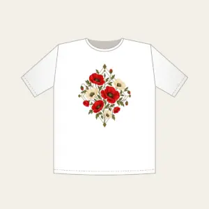 Poppy Diamond Garden T-Shirt in white: Diamond lines hold scattered poppies in red, cream and olive.