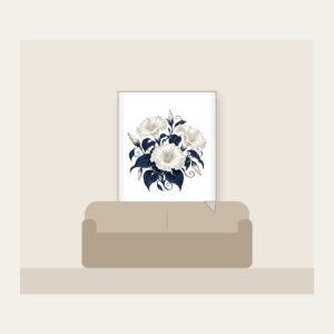 Night-Blooming Moonflowers over Navy Fleece Blanket in white: Moonflowers in cream and silver glow over a navy ground.