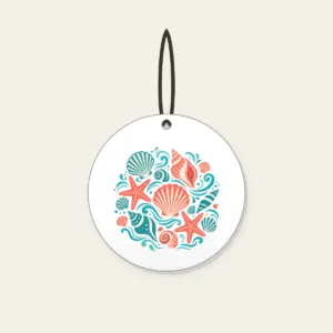 Shells, Starfish and Ripples Ceramic Ornament in white: Seashells, starfish and gentle ripples drift across the pattern in coral, teal and cream.