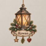 Lantern shaped wood ornament with amber glow and three hanging charms