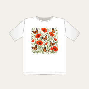 Butterflies Among Poppies T-Shirt in white: Orange-and-black butterflies drift between poppies and tall grasses on a cream ground.