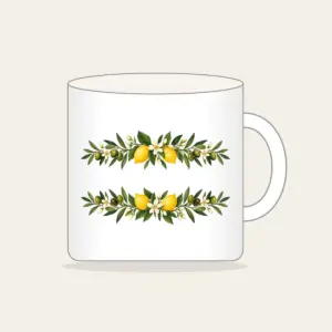 Olive and Lemon Branch Border Mug in white: Olive and lemon branches run along both long edges in green, gold and cream.