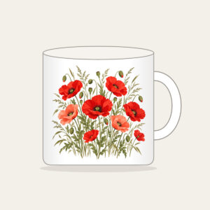 Poppies and Tall Grasses on Cream Mug in white: Red and coral poppies stand among tall olive grasses on a cream ground.