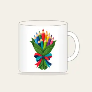Pencil Bouquet Mug in white: Colored pencils gathered like a bouquet in a green leaf wrapping with a red, teal and navy ribbon.