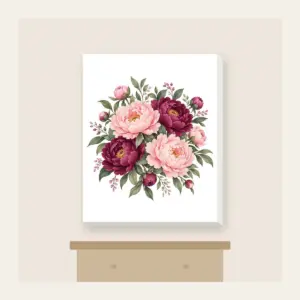 Blush and Plum Peony Blooms Canvas Print in white: Full peony blooms in blush, plum and sage fill the space in a lush repeating pattern.