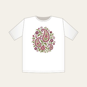 Plum and Olive Paisley Garden T-Shirt in white: A paisley garden pattern with small flowers in plum, rose and olive on cream.