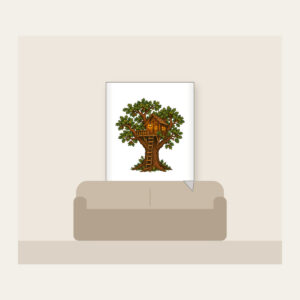 Oak Treehouse with Glowing Lantern Fleece Blanket in white: A treehouse in an oak tree with a glowing lantern in brown, green and amber.