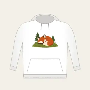 Sleeping Fox on the Hill Hoodie in white: A rust-colored fox curled asleep on a green hill with two tiny pines.
