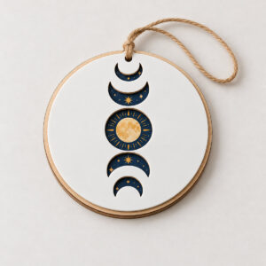 Moon Phase Layered Tag with three stacked layers in deep navy, gold and cream showing a row of moon phases with a thin ring border