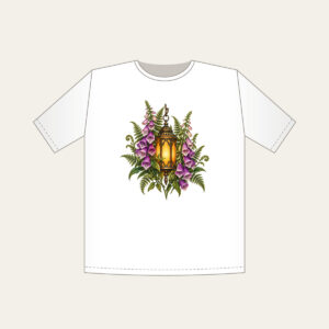 Lantern Among Foxgloves and Ferns T-Shirt in white: A suspended lantern glows amber among violet foxgloves and green fern leaves on a pale stone ground.