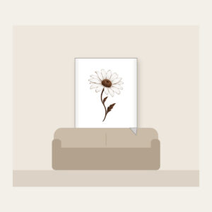 Single Daisy with Curved Stem Fleece Blanket in white: A single daisy with a curved stem in white and deep brown.