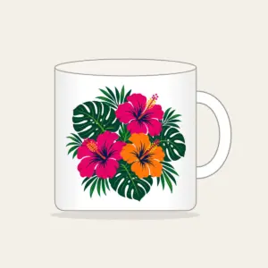 Hibiscus and Monstera Midnight Mug in white: Magenta and orange hibiscus flowers with deep green monstera leaves on a navy base.