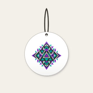 Violet and Teal Triangle Pattern Ceramic Ornament in white: A bold geometric pattern of triangles in violet, teal and silver on charcoal.