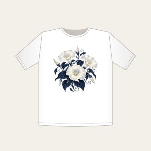 Night-Blooming Moonflowers over Navy T-Shirt in white: Moonflowers in cream and silver glow over a navy ground.