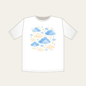 Cloudy Night Sky with Tiny Stars T-Shirt in white: Gentle clouds and tiny stars drift across blue and cream.