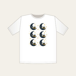 Crescent Moon with a Stack of Books T-Shirt in white: A crescent moon holds a small stack of books among tiny stars in navy and gold.