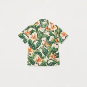 Banana Leaf Camp Shirt with all-over banana leaves and birds-of-paradise flowers in green and orange on cream