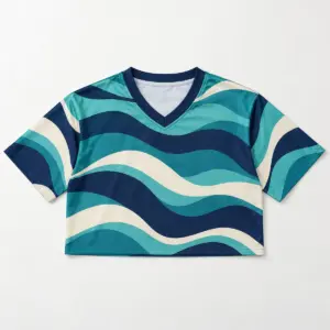 Sideline Wave Crop Football Jersey with flowing wave bands in teal, navy and cream across the body and sleeves