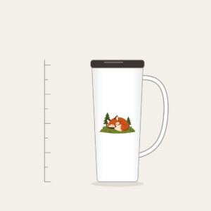 Sleeping Fox on the Hill Tumbler with Handle in white: A rust-colored fox curled asleep on a green hill with two tiny pines.