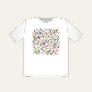Pressed Posies and Ferns T-Shirt in white: Pressed-flower posies and ferns in lilac, blush and sage arranged all over a cream ground.