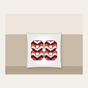 Plum Chevron Panels with Number 88 Pillow in white: Bold chevron panels in plum, burnt orange and cream, with the number “88” standing out in the middle.