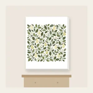 Pear and Leaf Mosaic Canvas Print in white: Leaves and tiny pears form a mosaic in sage, olive and cream.