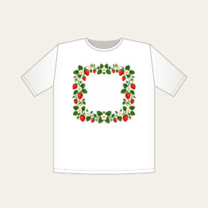 Strawberry and Blossom Border T-Shirt in white: A border of strawberries and blossoms in red, cream and green surrounds a plain center.