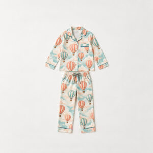Hot Air Balloon Kids Satin Pajamas with all-over repeat of striped hot air balloons drifting through soft clouds in coral, teal and cream