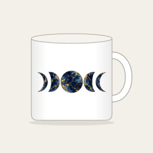 Gold-Veined Navy Marble with Moon Phases Mug in white: A marbled navy field with gold veining and a row of five moon phases in the center.