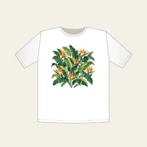 Banana Leaves and Birds-of-Paradise T-Shirt in white: Banana leaves and birds-of-paradise flowers in green and orange on cream.