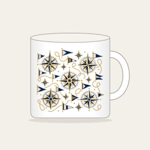 Compass Roses and Pennants Mug in white: Compass roses and pennants repeat in navy, gold and cream.