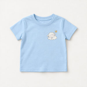 Cloud Lamb Infant Tee with tiny chest print of a smiling cloud-shaped lamb in white and soft grey outline with a single gold star