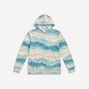 Tidal Stripe Hooded Tee with all-over layered tide stripes in sea-glass blue and sand with a scalloped edge line