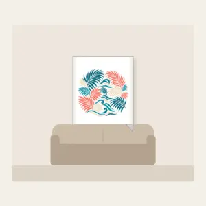 Palm Fronds and Wave Lines Fleece Blanket in white: Palm fronds and flowing wave lines in teal, coral and cream.