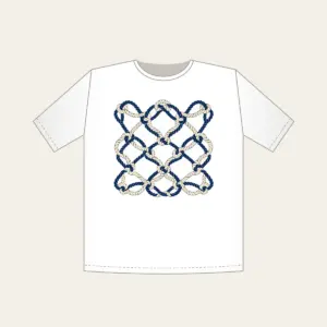 Navy Rope Knot Lines T-Shirt in white: Rope knot lines weave across the artwork in navy and cream.