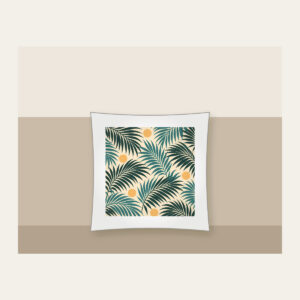 Palm Frond Shadows on Sand Pillow in white: A repeat of palm frond shadows in teal and deep green on a sandy cream base, with small sun circles.