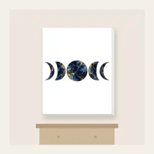 Gold-Veined Navy Marble with Moon Phases Canvas Print in white: A marbled navy field with gold veining and a row of five moon phases in the center.