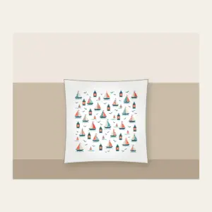 Tiny Sailboats and Harbour Lanterns Pillow in white: Tiny sailboats and harbour lanterns repeat in teal, coral and cream.
