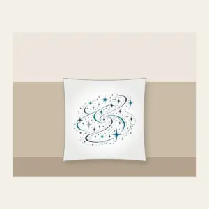 Charcoal Night Trail of Stars and Paths Pillow in white: An all-over pattern of stars and path lines in charcoal, silver and teal.