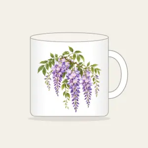 Drooping Wisteria Clusters on Cream Mug in white: Drooping wisteria clusters in lilac and violet with green leaves on a cream base.
