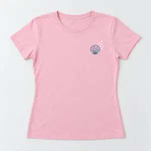 Light Pink Seashell Scallop Tee with compact front chest panel print of a scalloped shell with tiny pearl dots in deep teal and white