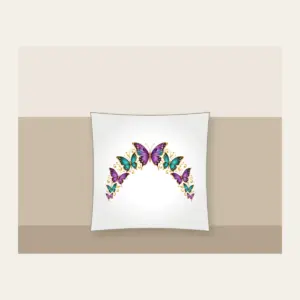 Butterflies Arching Along the Edge Pillow in white: Violet, teal and gold butterflies arch along a curved edge.