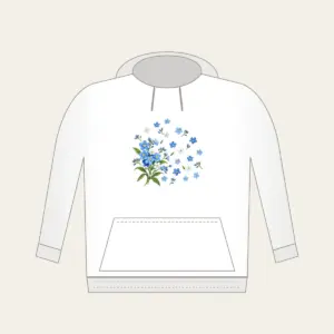 Forget-Me-Not Scatter Hoodie in white: Small forget-me-not flowers in blue and white drift across the space, with a larger sprig in one corner.