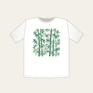 Jade Bamboo Grove Pattern T-Shirt in white: Tall bamboo stalks and slender leaves repeat in jade and cream.