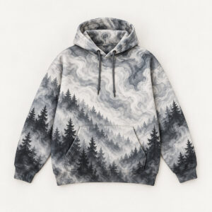 Cedar Smoke Midweight Hoodie with all-over smoke curls rising between pine silhouettes in soft greys
