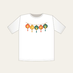 Five Glowing Paper Lanterns T-Shirt in white: A string of five paper lanterns in coral, gold and teal glows against a dark ground.