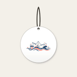 Folded Paper Boat on Navy Waves Ceramic Ornament in white: A folded paper boat on fine-lined waves in navy and coral.