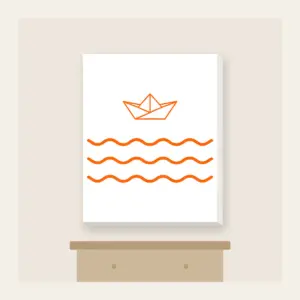 Paper Boat on Ripples Canvas Print in white: A folded paper boat on three ripple lines in white and orange.